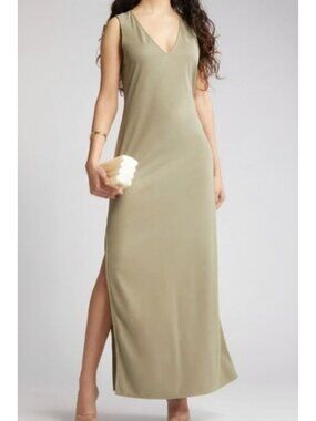 Open Edit Women's Olive Green Sleeveless Maxi Dress V-Neck Size S